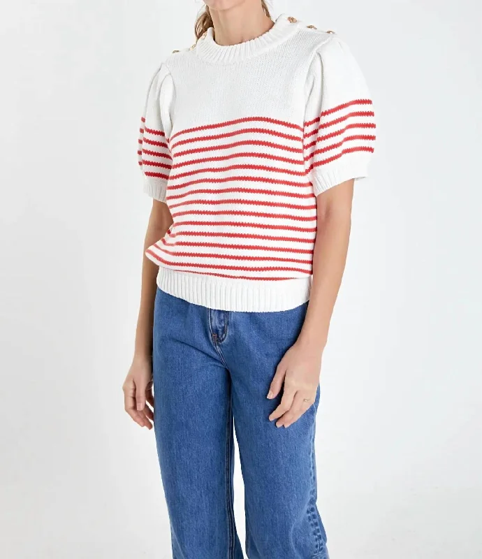 Bold Style Stripe Puff Sleeve Sweater In Red Stripe