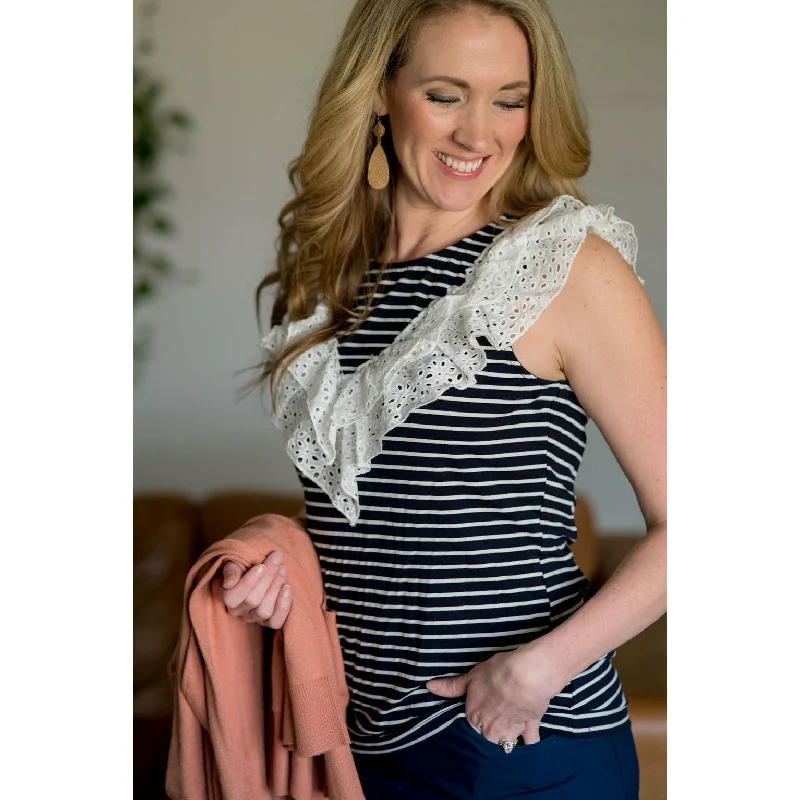 Minimalist Style Striped Eyelet Ruffle Tank - Navy