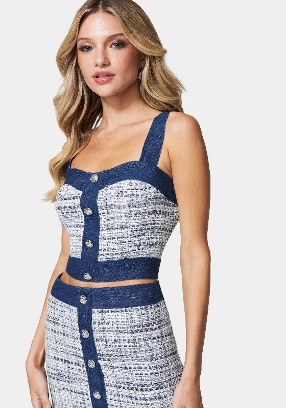 Classic Comfort Tweed & Denim Button Front Bustier
