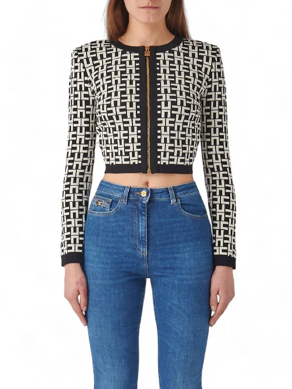 Warm Clothing Two Tone Jacquard Cropped Cardigan In Nero/burro