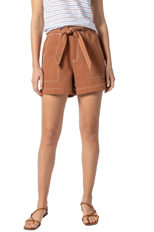 Chic Textures Belted Canvas Shorts In Bronze