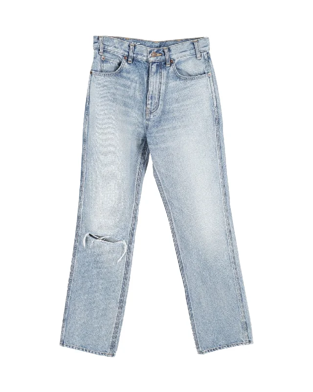 Cozy Comfort Celine Ripped Washed Denim Jeans in Blue Cotton