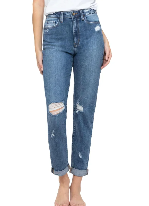 Soft Texture Distress Double Cuff Jeans In Medium Wash