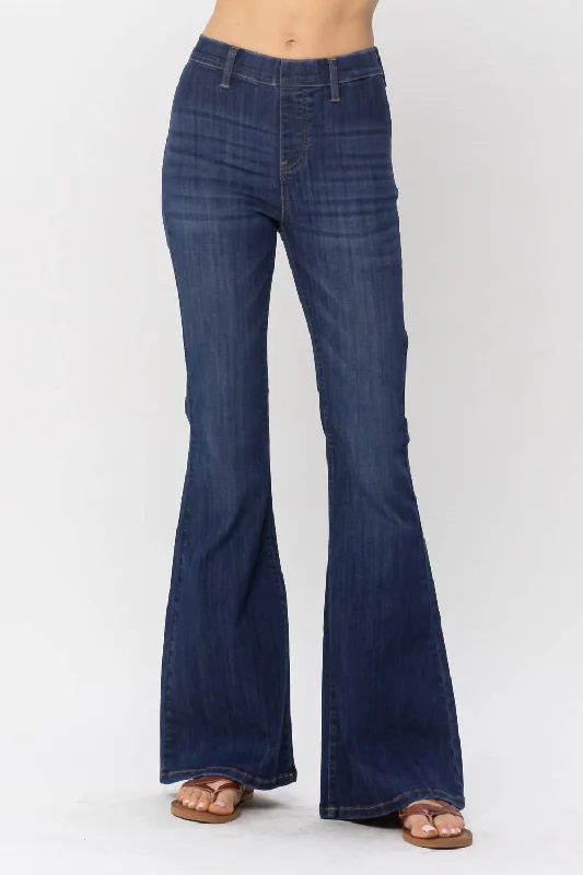 Modern Looks Flare Pull-On High Waist Flare Jeans In Dark Blue