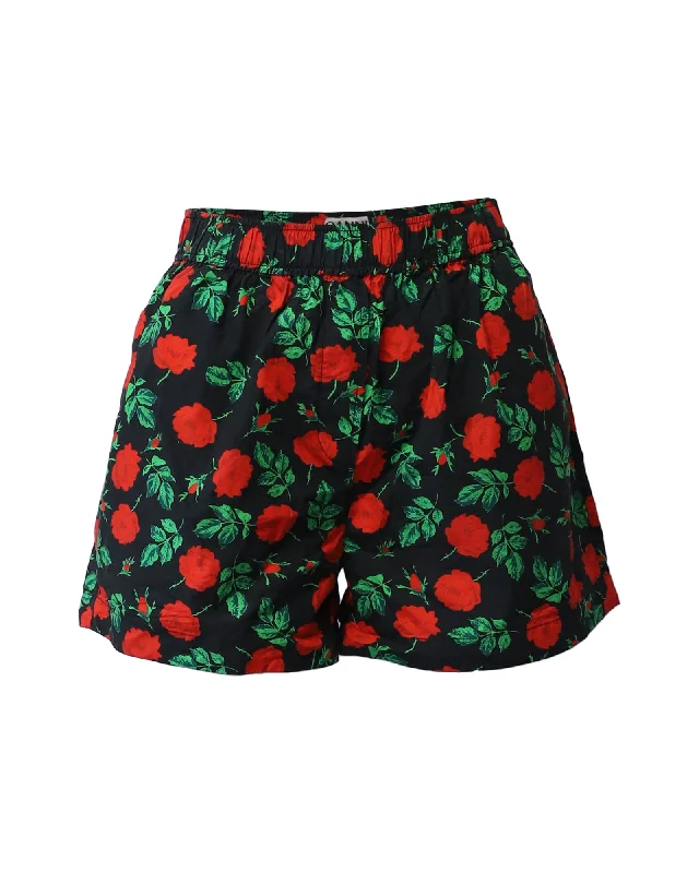 Relaxed Fit Ganni Rose Print Shorts in Black Cotton