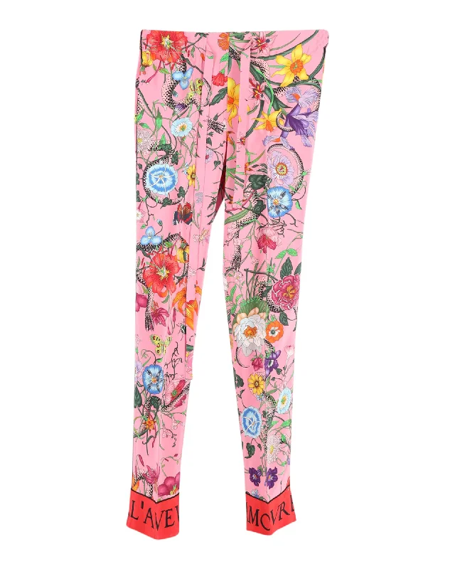 Romantic Tenderness Gucci Snake Flora Print Trousers in Pink Silk