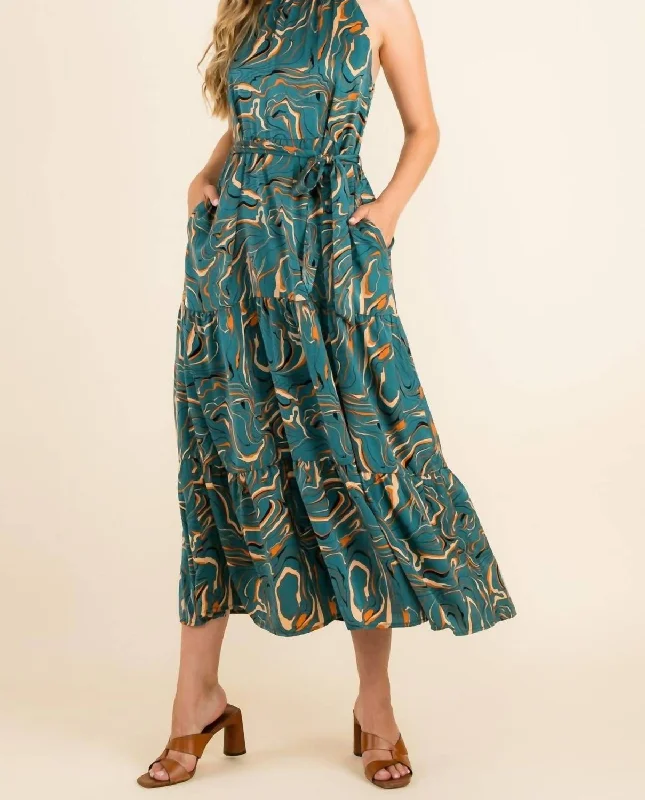 Personalized Printing Design Halter Abstract Print Maxi Dress in Teal