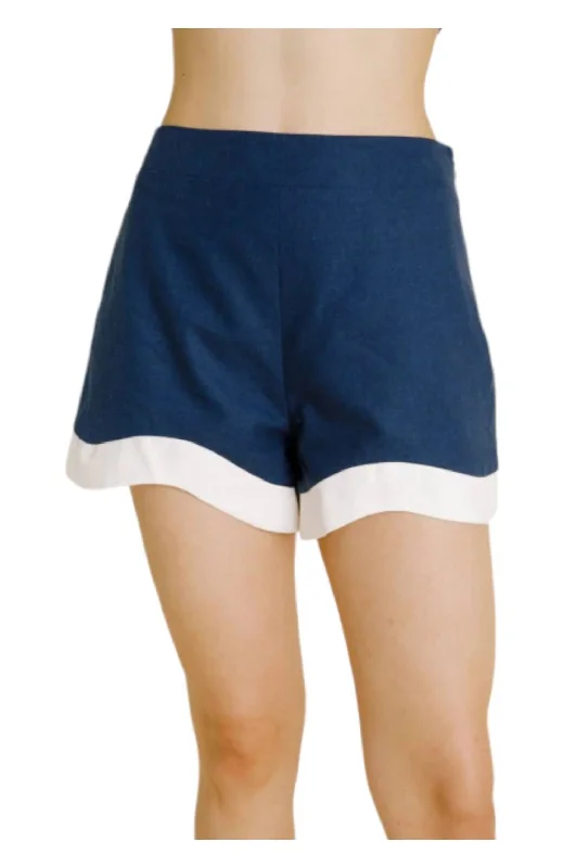 Romantic Dinner Linen Wave Hem Shorts In Navy