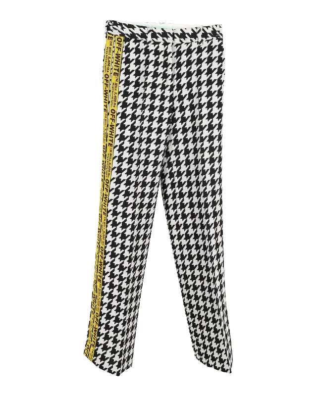 Stylish Comfortwear Off-White Logo-Trimmed Houndstooth Pants in Black and White Wool