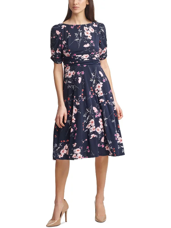 Romantic Tenderness Petites Womens Ruched-Waist Calf Midi Dress