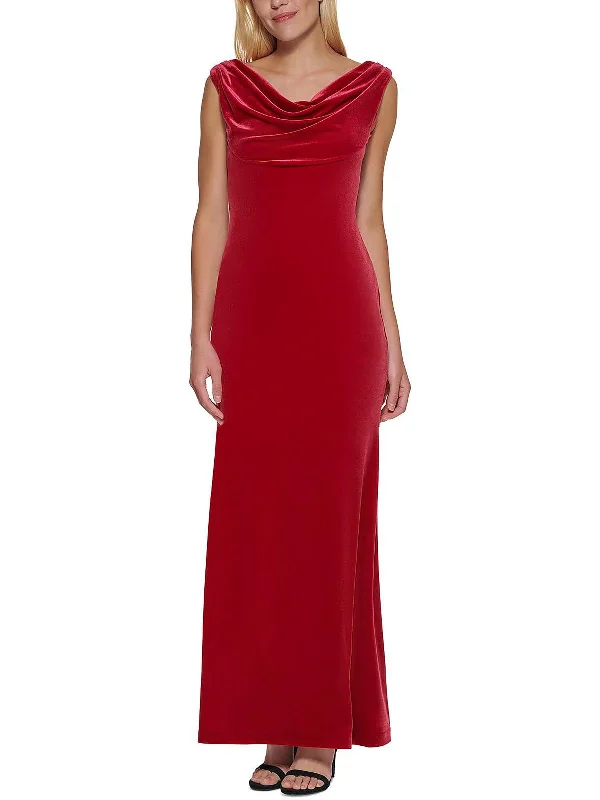 Functional Outfits Petites Womens Velvet Cowl Neck Evening Dress