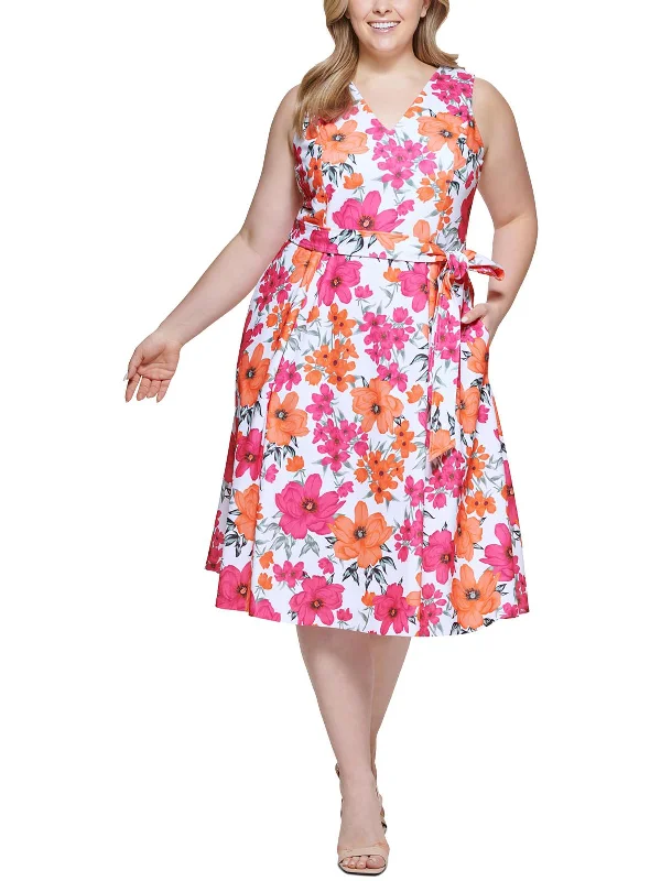 Chill Style Plus Womens Floral Print Calf Midi Dress
