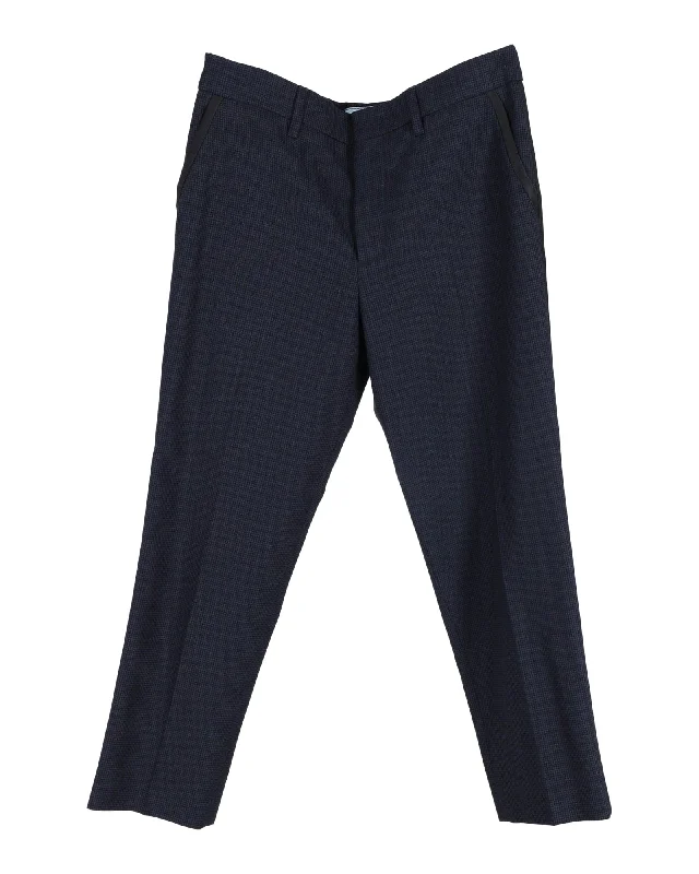 Minimalist Style Prada Checked Straight-Leg Trousers in Navy Blue Wool