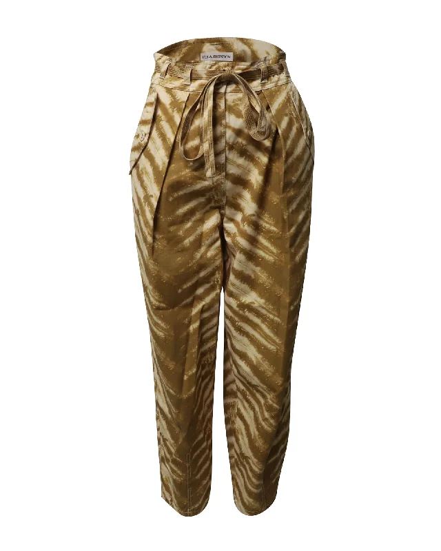 Functional Outfits Ulla Johnson Lars Belted High-Rise Pants in Animal Print Cotton
