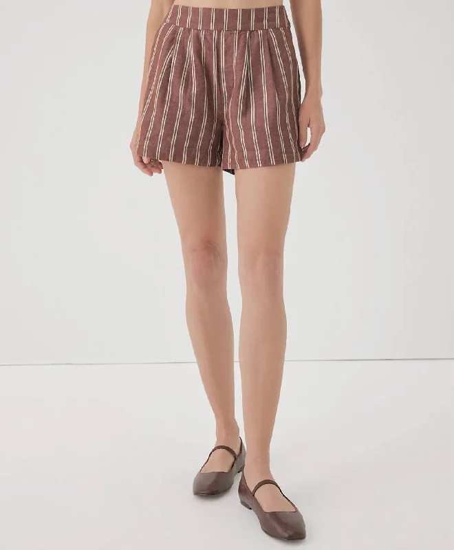 Cozy Essentials Women's Canopy Linen Blend Pleated Short In Mahogany Stripe