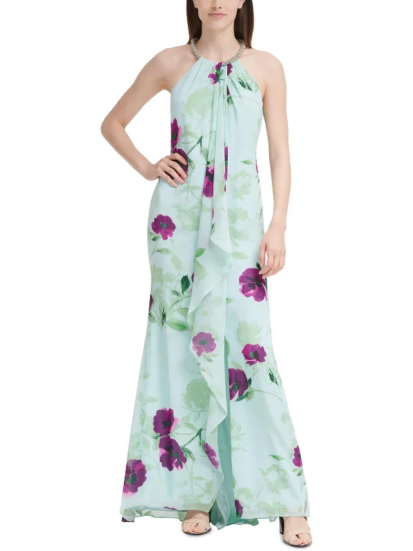 Soft Fit Womens Floral Print Halter Evening Dress