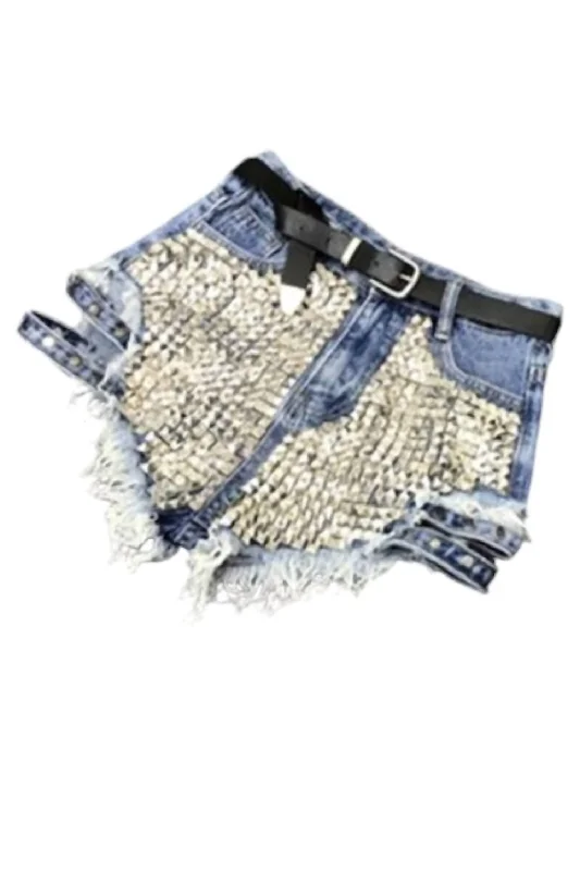 Sleek Outfits Women's High Waisted Rivet Jean Shorts In Blue