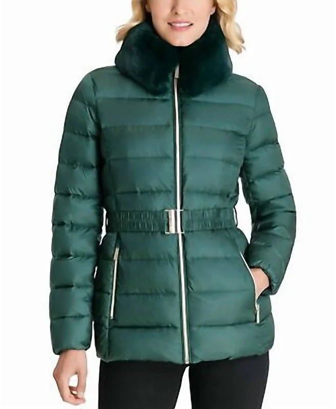 Cool Layers 3/4 Belted Faux Fur Collar Packable Coat In Dark Emerald Green