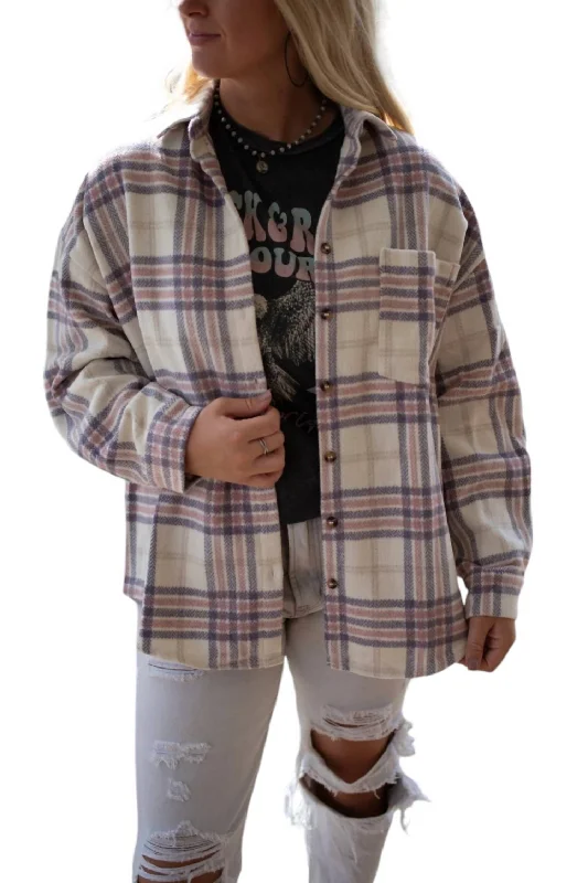 Easy Fashion Brooklyn Flannel Shacket In Lavender/white