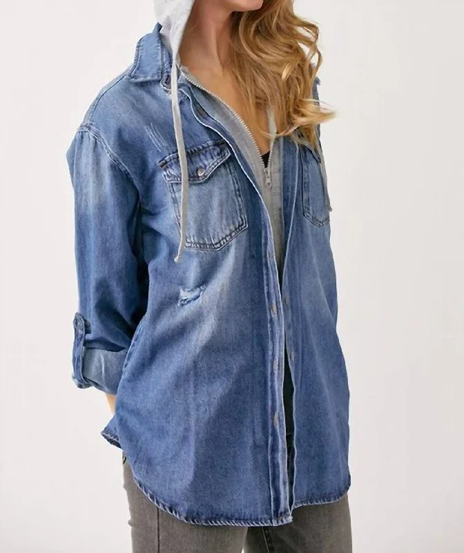Soft Texture Diane Hooded Shirt Jacket In Denim