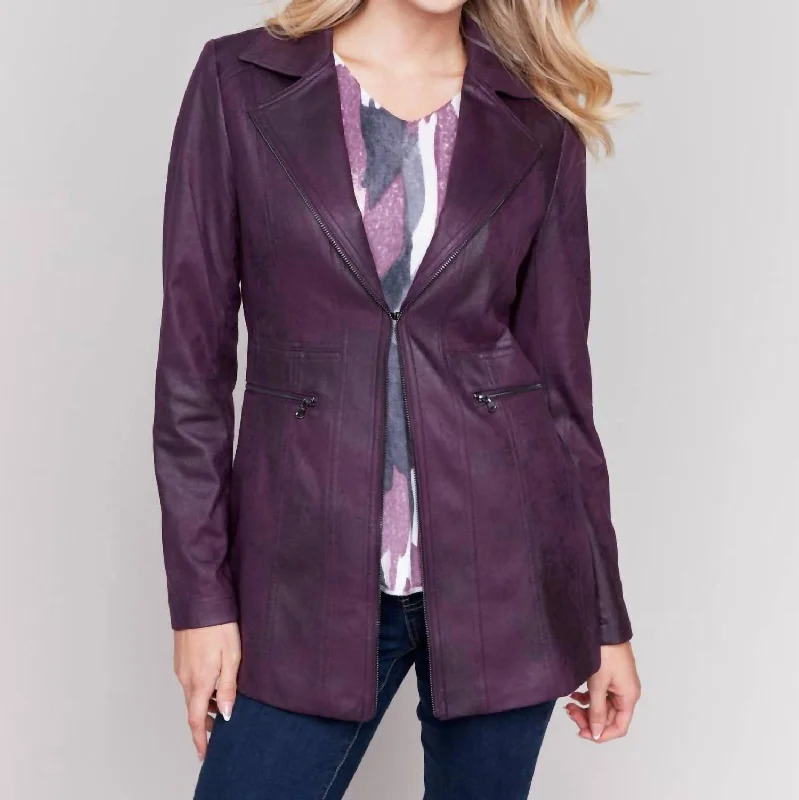 Practical Wear Faux Suede Long Jacket In Plum