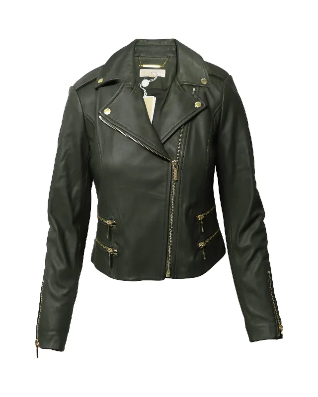 Minimal Outfits Michael Kors Biker Jacket in Army Green Leather