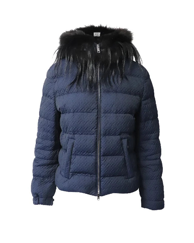 Simple Chic Prada Padded Jacket with Fur Collar in Navy Blue Polyester