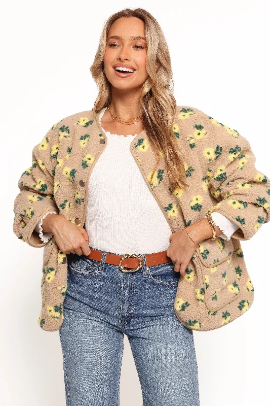 Casual Chic Roux Flower Print Shearling Jacket - Taupe