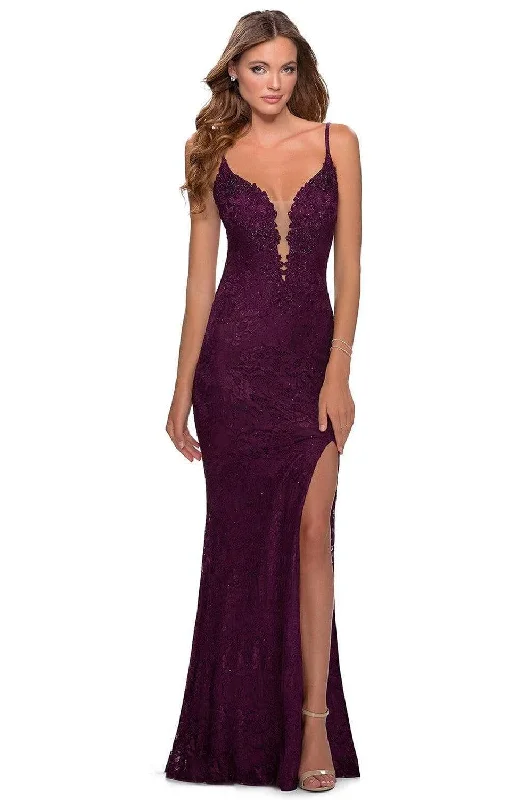 Minimalist Style La Femme - 28556 Beaded Lace Plunging V-Neck Sheath Dress