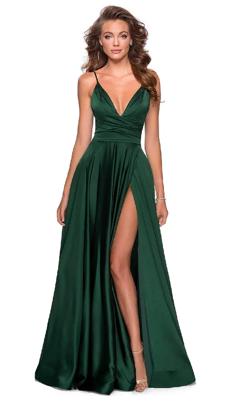 Comfortable Fit La Femme - 28607 Deep V-Neck High Slit Simple Prom A-Line Gown