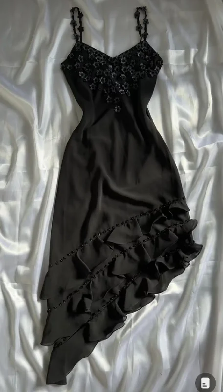 Cozy Wear Black Vintage Spaghetti Straps Appliques Flower Formal Party Dress, DP2504 Cozy Wear Black Vintage Spaghetti Straps Appliques Flower Formal Party Dress, DP2504