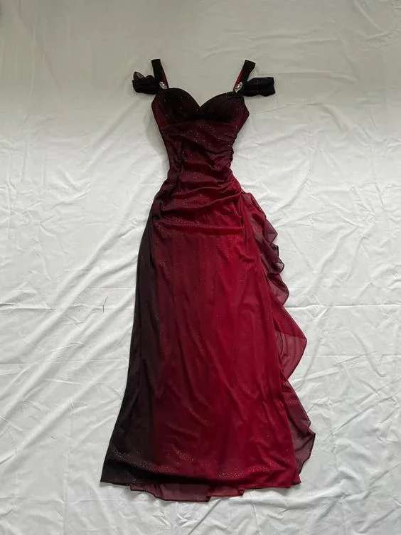 Cozy Vibes Burgundy Off Shoulder Ruffles Vintage Long Prom Dress, DP2493