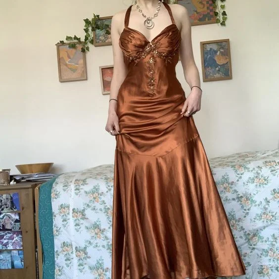 Cozy Daywear Caramel Sweetheart A-Line Satin Beading Vintage Long Evening Dress, DP2517