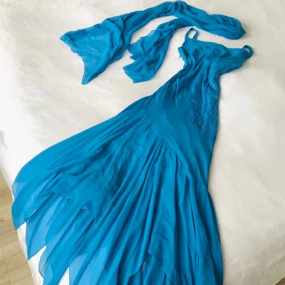 Trendy Clothing Charming Blue Straps Chiffon Ruffles Vintage Long Party Dress, DP2526