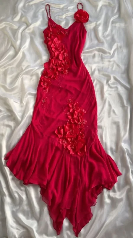 Romantic Skirt Design Charming Red Spaghetti Straps Flower Appliques Vintage Evening Dress, DP2511