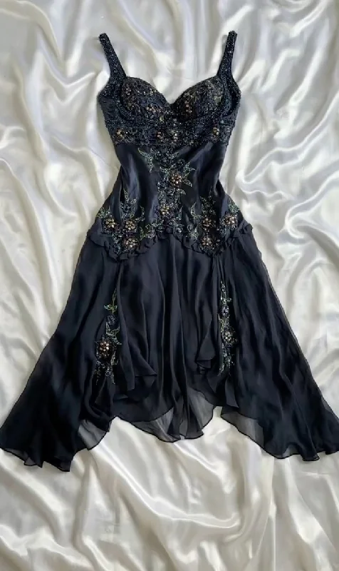 Romantic Tenderness Dark Navy Straps Beading Vintage Evening Party Dress, DP2510