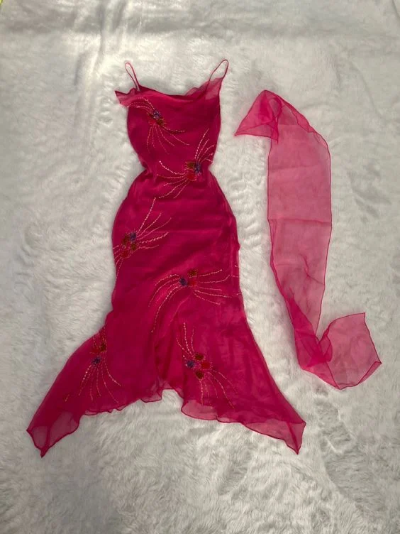 Relaxed Outfits Fuchsia Spaghetti Straps Chiffon Vintage Beading Party Dress, DP2512