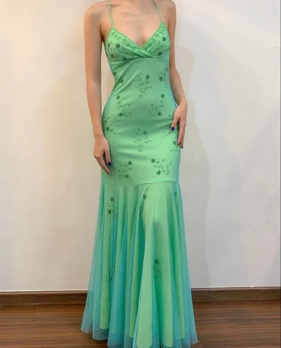 Laidback Style Green Beading Tulle Backless Charming Vintage Evening Party Dress, DP2498