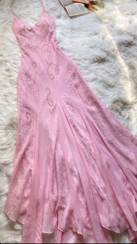 Casual Chic Light Pink V Neck Beading Ruffle Vintage Party Dress, DP2521
