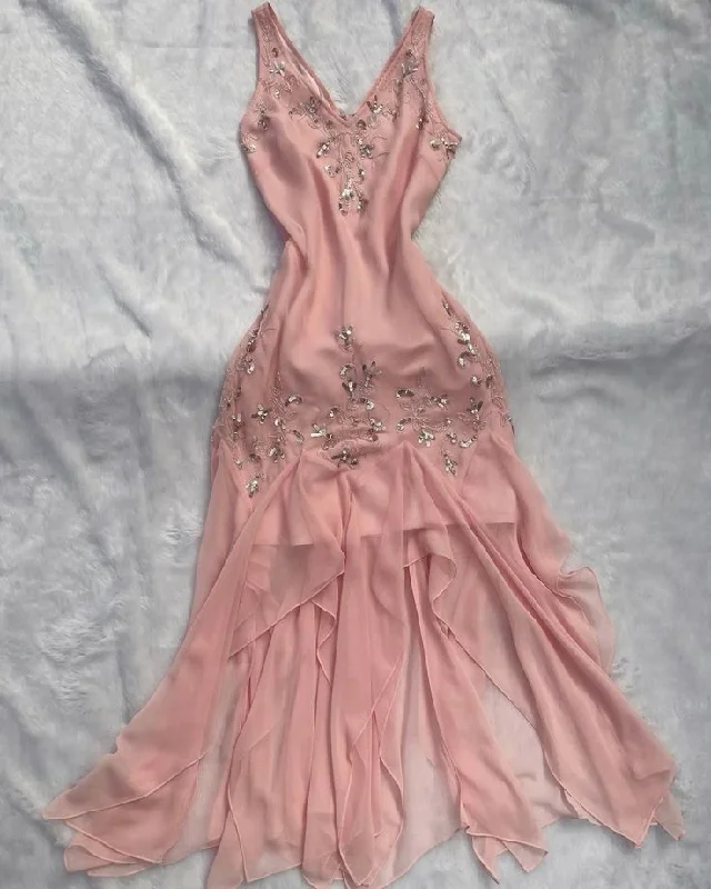 Relaxed Wardrobe Light Pink V Neck Beading Ruffles Vintage Party Dress, DP2514
