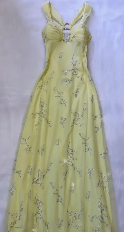 Minimalist Style Light Yellow Tulle Sequins Vintage Evening Party Dress, DP2525