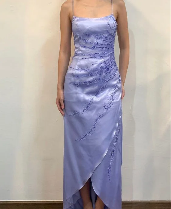 Cozy Comfort Lilac Spaghetti Straps Beading Satin Vintage Long Party Dress, DP2500