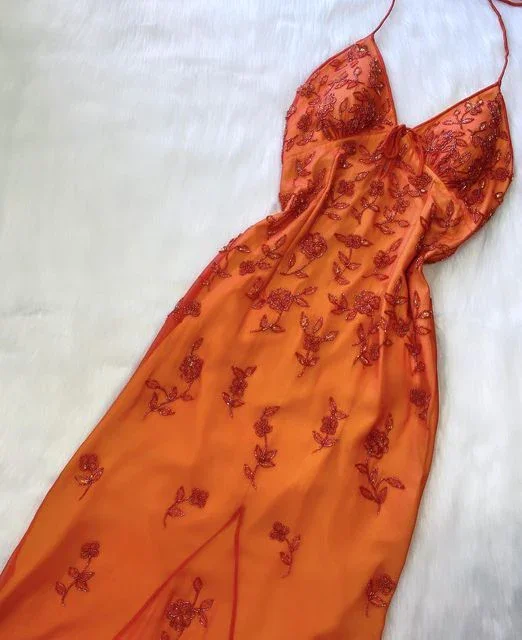 Casual Chic Orange Halter Beading Appliques Vintage Long Party Dress, DP2494