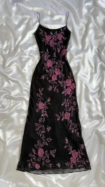 Versatile Wear Sexy Black Floral Beading Vintage Charming Long Party Dress, DP2519