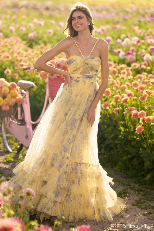 Fashion Comfort Sherri Hill Yellow Floral Rosette Ball Gown Prom Dress 56279