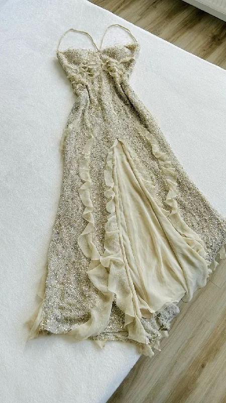 Trendy Vibes Shiny Vintage Straps Ruffles Beautiful Long Evening Dress, DP2513