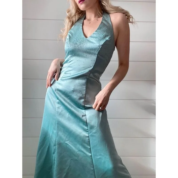 Cool Style Vintage Beading Halter Satin Blue Evening Party Dress, DP2499