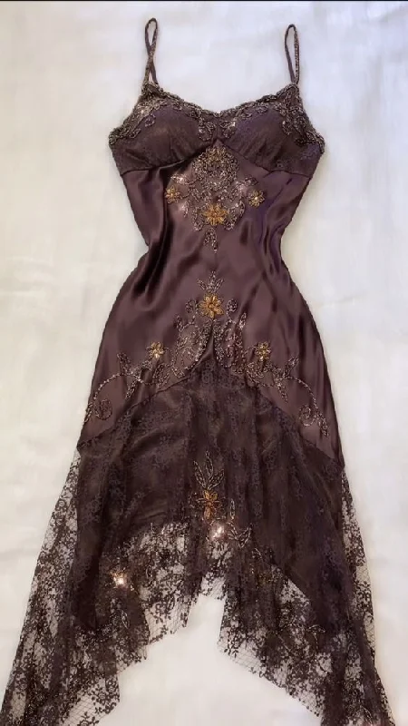 Personalized Denim Style Vintage Spaghetti Straps Lace Beading Charming Evening Dress, DP2509