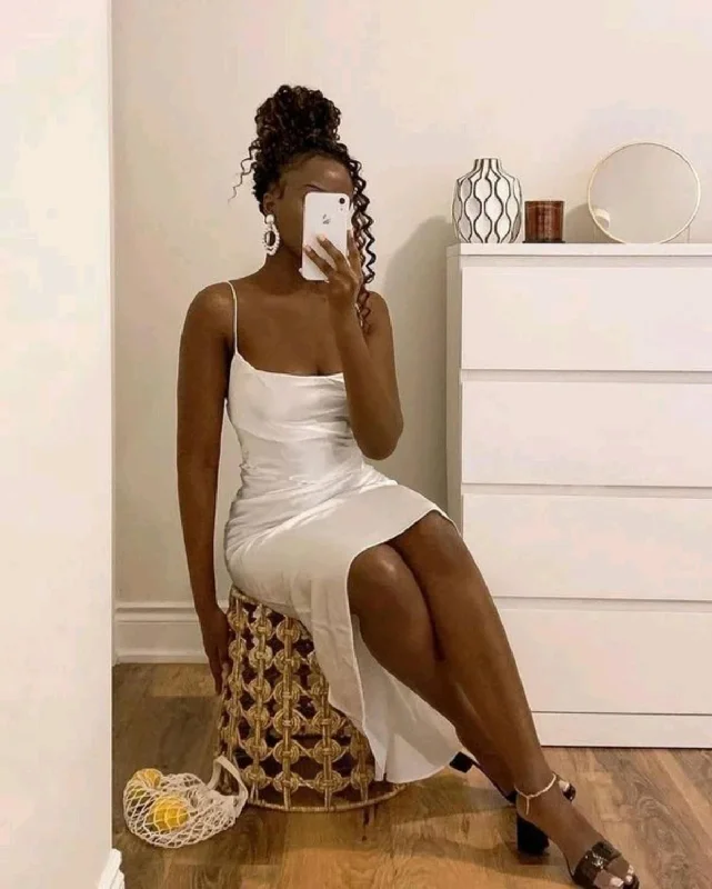 Personalized Graphic Design White Straps Satin Midi Length Black Girl Simple Party Dress, DP2527