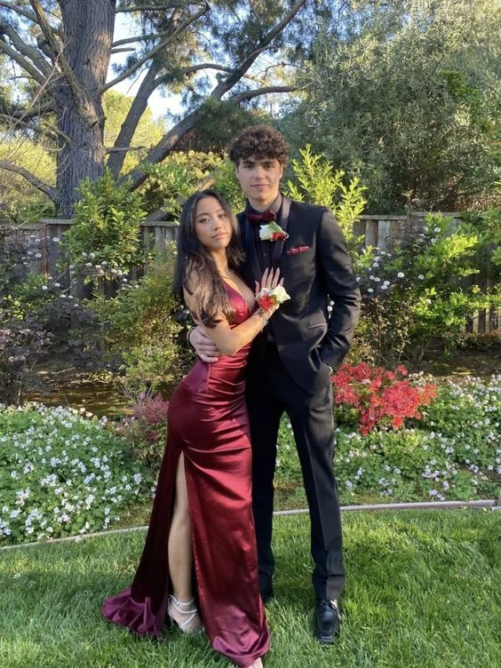 Personalized Creativity Wine Red Sexy V Neck Satin Mermaid Formal Prom Dress, DP2528